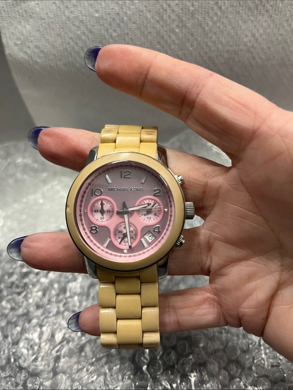 EUC Michael Kors Ladies' Chronograph Watch - Pink Dial, Beige Strap - Picture 2 of 12
